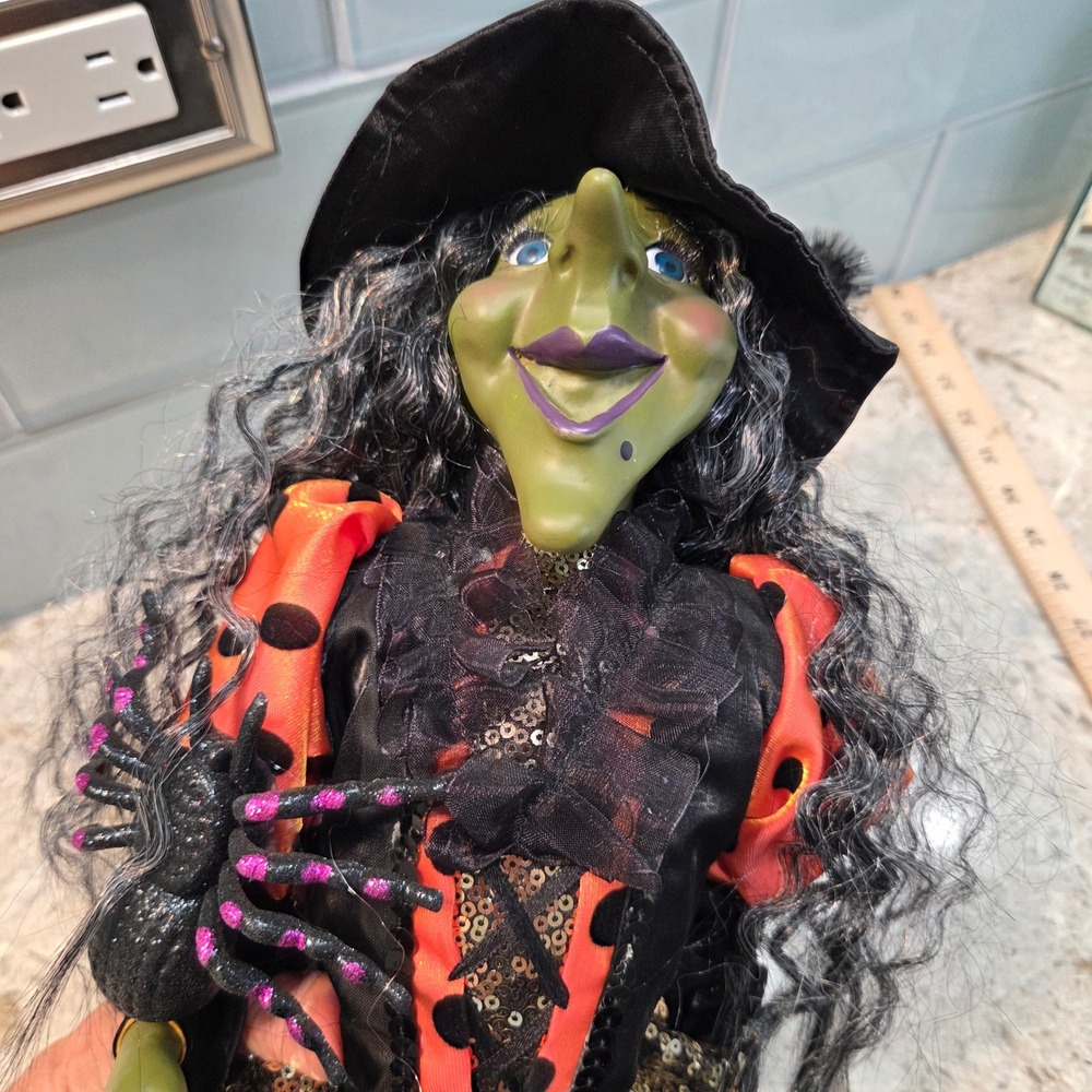 Halloween Shelf Sitter Witch Doll 30" Green Face Sequin Tulle Dress Spider - Picture 6 of 14